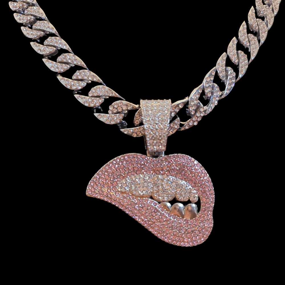 Pink Encrusted Lip Biting Pendant Hip Hop Cuban Chain Statement Necklace